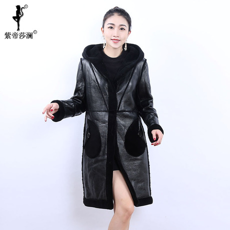 紫帝莎澜女装2018款帽版羊剪绒皮草大衣休闲保暖长外套YJR71128T1商品大图