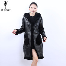 紫帝莎澜女装2018款帽版羊剪绒皮草大衣休闲保暖长外套YJR71128T1图片
