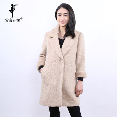 紫帝莎澜女装2018新款整貂毛领阿尔巴卡羊驼绒大衣长款外套A103-1