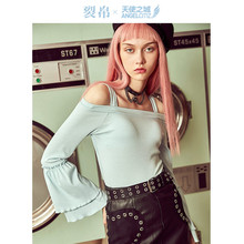 天使之城2018秋季新款针织宽松长袖T恤舒适露肩上衣女62180087图片