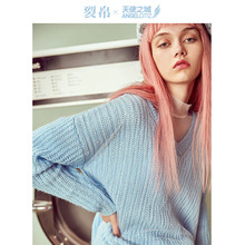 天使之城2018秋季新款时尚V领套头衫蕾丝罩衫宽松毛衣女62180083图片