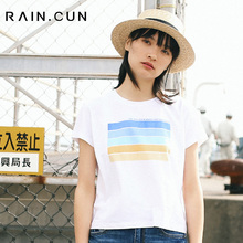 然与纯2018夏装新款白色t恤女印花直筒宽松学生休闲百搭短袖上衣图片