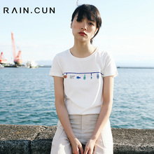 然与纯2018夏装白色t恤女刺绣印花宽松直筒小心机设计感短袖上衣图片