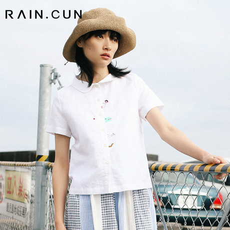 然与纯2018夏装白色衬衫女刺绣文艺小清新心机衬衫设计感短袖上衣商品大图
