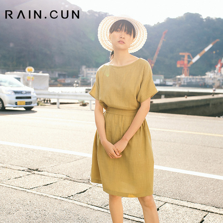 然与纯 2018夏装新款黄色连衣裙女收腰宽松显瘦气质休闲圆领短裙商品大图