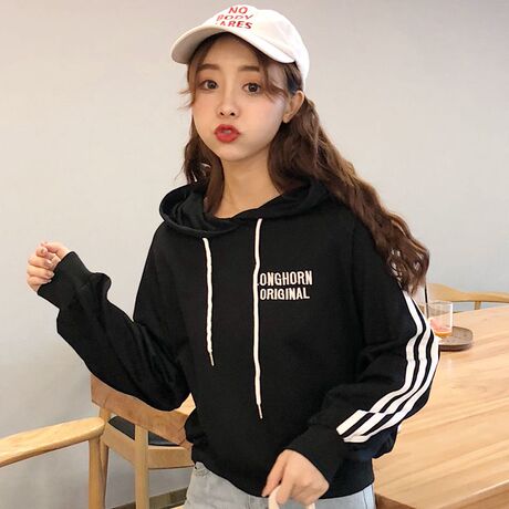 秋装女装韩版bf风宽松侧条纹套头卫衣字母刺绣连帽上衣外套学生潮商品大图