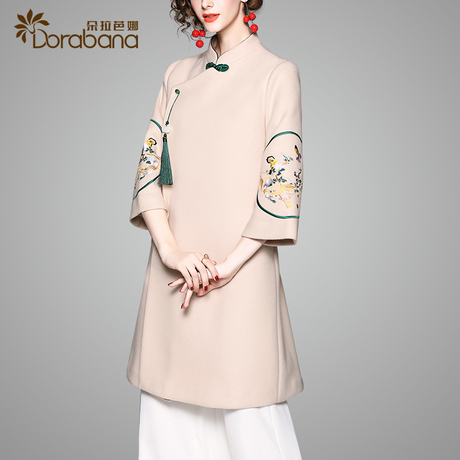 朵拉芭娜女装秋冬季2018新款中国风改良唐装旗袍毛呢外套大衣中式商品大图