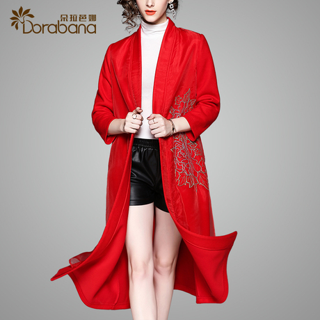 朵拉芭娜冬季外套女装2018新款中国风复古刺绣过膝中长款毛呢大衣商品大图