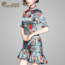 连衣裙女夏2018新款朵拉芭娜时尚民族风气质裙改良款印花鱼尾旗袍图片