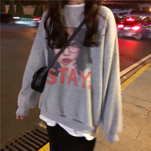 韩版 百搭女孩图案印花宽松版假两件套头加绒卫衣女上衣潮 冬季新款