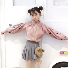 小清新 木耳花边领上衣萌 甜美日系少女爱心刺绣泡泡袖 女可爱 衬衫