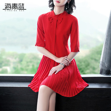 海青蓝2018秋装新款女蝴蝶结修身显瘦短款小香风百褶连衣裙04871图片