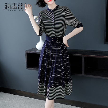 海青蓝2018秋装新款女时尚波点印花修身束腰条纹衬衫连衣裙04926商品大图