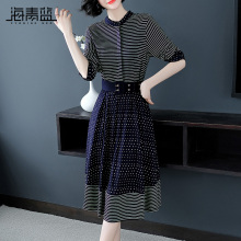 海青蓝2018秋装新款女时尚波点印花修身束腰条纹衬衫连衣裙04926图片