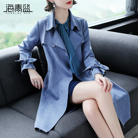 海青蓝2018秋装新款女端庄大气长袖绑带中长款风衣开衫外套05151商品大图