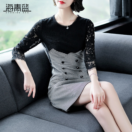 海青蓝2018秋装新款女装圆领黑色蕾丝拼接收腰千鸟格连衣裙05124商品大图