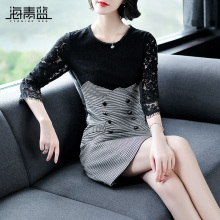 海青蓝2018秋装新款女装圆领黑色蕾丝拼接收腰千鸟格连衣裙05124图片