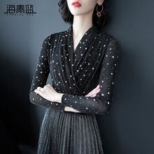 海青蓝2018秋装新款女气质V领长袖修身显瘦时尚百搭打底上衣05860图片