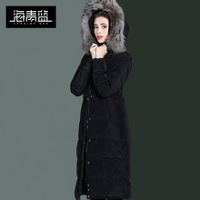 海青蓝2018冬装新款女装黑色貉子毛领连帽宽松中长款羽绒服06064图片