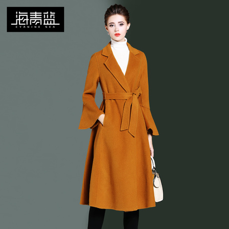 海青蓝秋冬女2018新款时尚赫本风羊毛毛呢大衣外套中长款潮06010商品大图