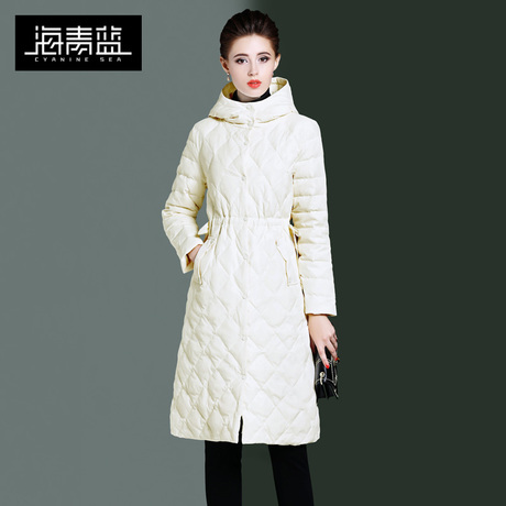 海青蓝冬装女2018新款纯色时尚宽松中长休闲帽子轻薄羽绒服06060商品大图