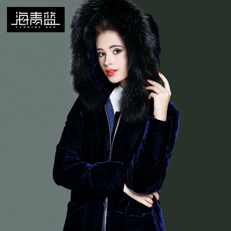 海青蓝冬装女2018新款时尚毛绒连帽修身显瘦保暖百搭羽绒服06383商品大图