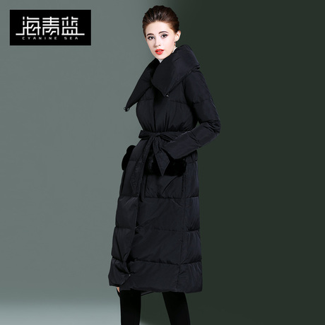 海青蓝2018冬装新款女装黑色长袖时尚中长款过膝轻便羽绒服06047商品大图