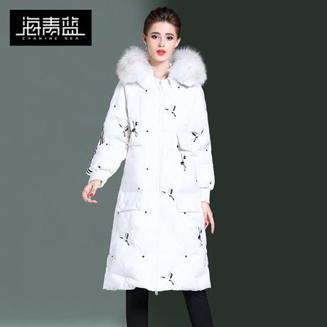 海青蓝冬装女2018新款时尚连帽大毛绒中长款加厚保暖羽绒服06071商品大图