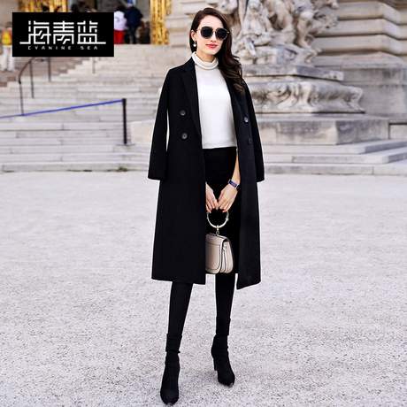 海青蓝2018冬装新款女时尚黑色宽松羊毛大衣中长款毛呢外套06103商品大图