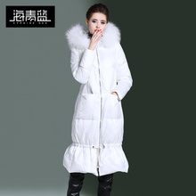 海青蓝冬装女2018新款时尚毛绒连帽长袖显瘦保暖过膝羽绒服06382图片