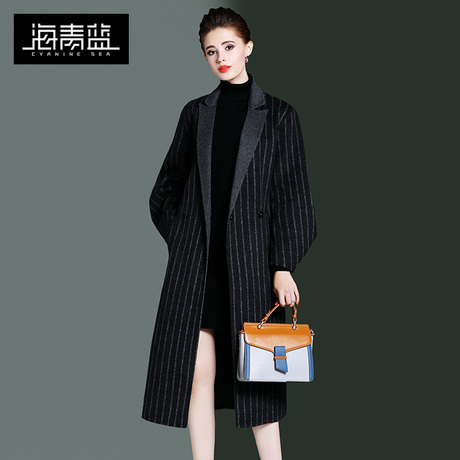 海青蓝2018冬季新款女装黑色条纹大衣羊绒保暖时尚加长外套06360商品大图