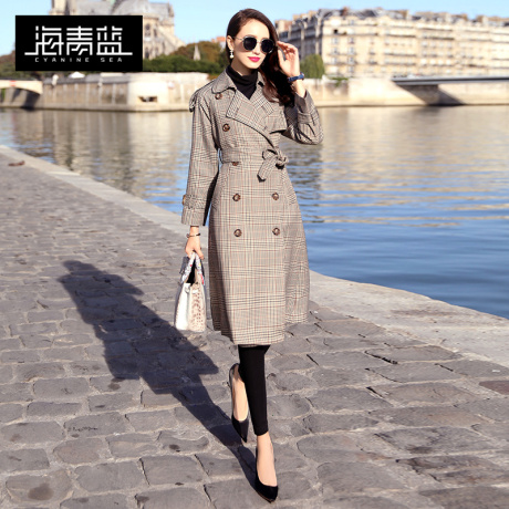海青蓝2018秋冬新款中长款气质外套修身时尚流行格子风衣女06235商品大图