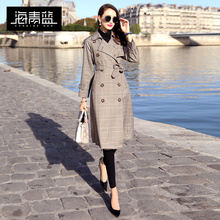 海青蓝2018秋冬新款中长款气质外套修身时尚流行格子风衣女06235图片