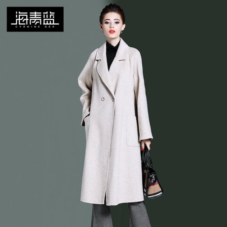 海青蓝2018冬季新款杏色羊绒大衣女双面绒中长款格子纹上衣06349商品大图