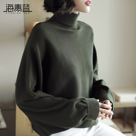 海青蓝2018秋冬新款慵懒风针织衫女墨绿色灯笼袖宽松大毛衣06446商品大图