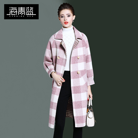 海青蓝2018秋冬新款女时尚长袖羊毛大衣中长款格子毛呢外套06329商品大图
