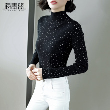 海青蓝2018秋冬新款女装黑色半高领波点印花毛衣套头针织衫06455图片