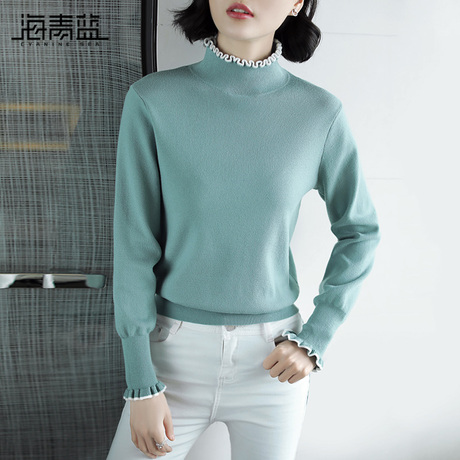 海青蓝2018秋冬新款针织衫女花边娃娃领长袖显瘦打底薄毛衣06456商品大图