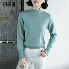 海青蓝2018秋冬新款针织衫女花边娃娃领长袖显瘦打底薄毛衣06456图片