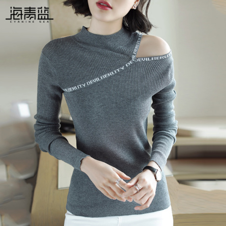 海青蓝2018秋冬新款女装时尚半高领露肩毛衣修身长袖针织衫06444商品大图