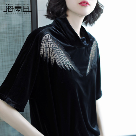 海青蓝2018秋季新款时尚五分袖宽松休闲蕾丝百搭打底衫女装06800商品大图