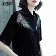 海青蓝2018秋季新款时尚五分袖宽松休闲蕾丝百搭打底衫女装06800图片