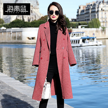 海青蓝2018冬季新款时尚长袖西装领显瘦千鸟格毛呢外套女装06236图片