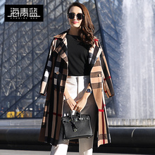 海青蓝2018秋装新款女时尚翻领双排扣中长款条纹风衣外套潮06139图片