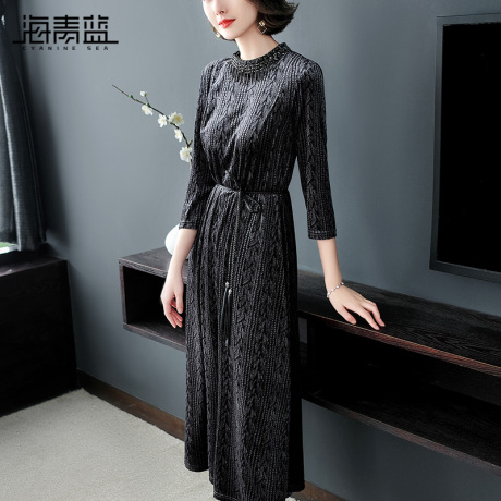 海青蓝2018秋装新款女装时尚圆领长袖束腰中长款丝绒连衣裙04990商品大图