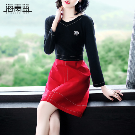 海青蓝2018秋装新款女装时尚气质v领长袖收腰拼接修身连衣裙04640商品大图