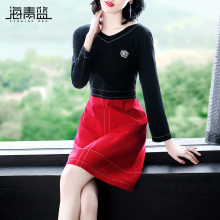 海青蓝2018秋装新款女装时尚气质v领长袖收腰拼接修身连衣裙04640图片