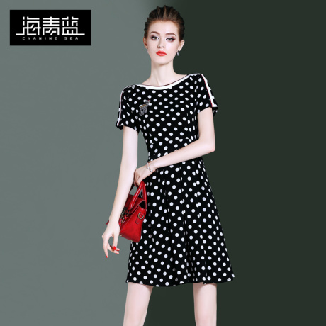 海青蓝2018夏季新款女时尚圆领短袖收腰撞色波点印花连衣裙03706商品大图