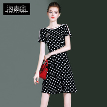 海青蓝2018夏季新款女时尚圆领短袖收腰撞色波点印花连衣裙03706图片