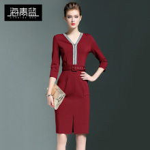 海青蓝2018秋装新款女装v领时尚拼接束腰修身开叉包臀连衣裙05050图片